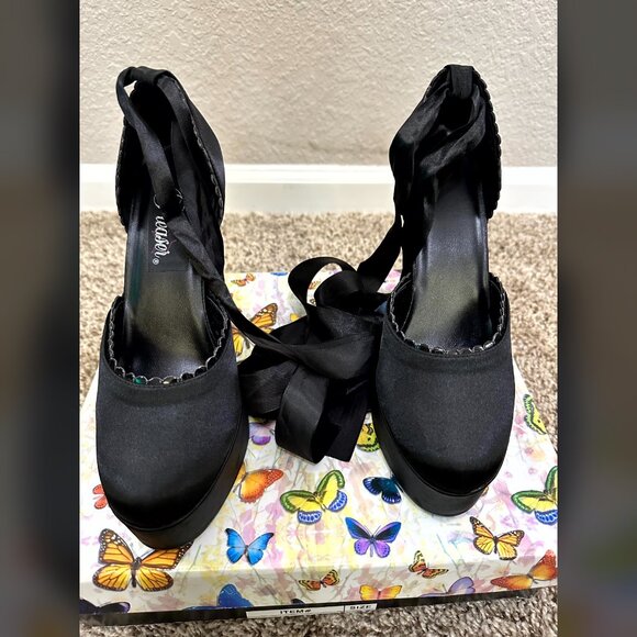 90s Pleasers Black Satin Dolly Platform Heels Ballet Ribbon Goth Formal Witch 8 - Picture 4 of 10